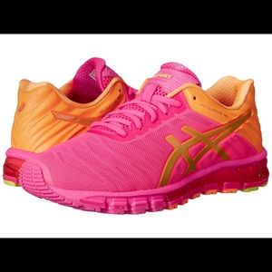 Pink and orange ASICS  running shoes
